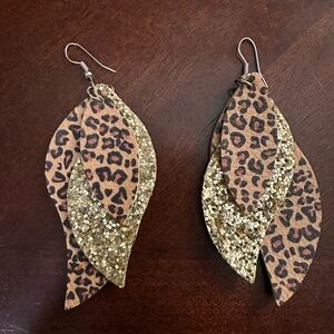 Leopard Print and Gold Glitter Leaf Earrings